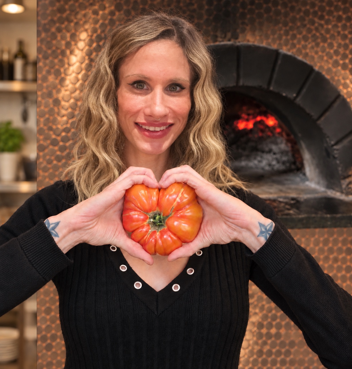 Lynda Hanko holding an heirloom tomato in front of the Roots wood-fired oven