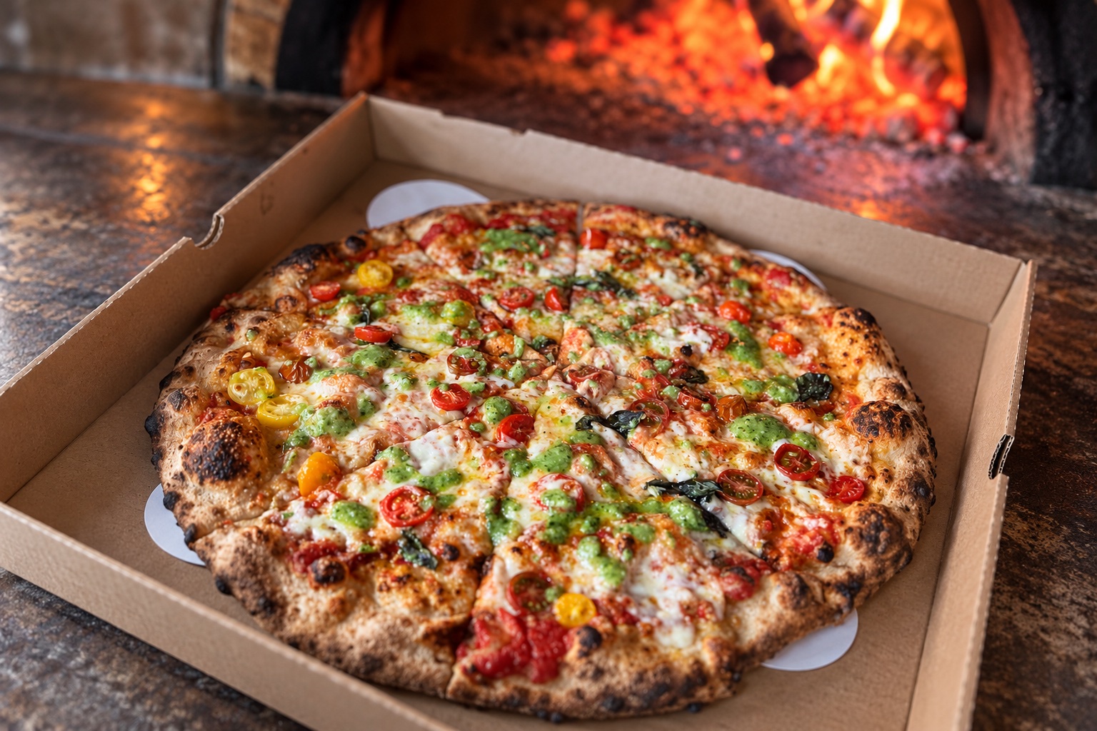 Margherita pizza in a to-go box at Roots